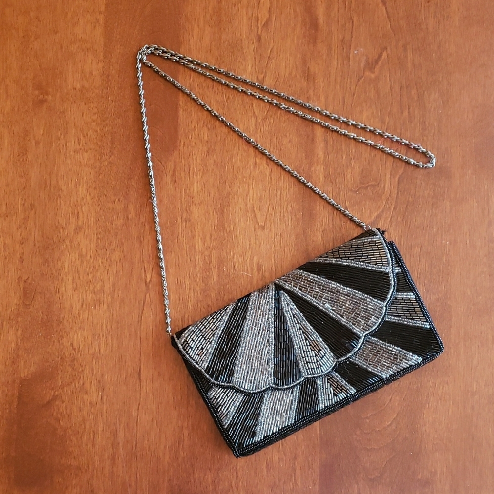 Elegant Black and Silver Beaded Clutch / Vintage
